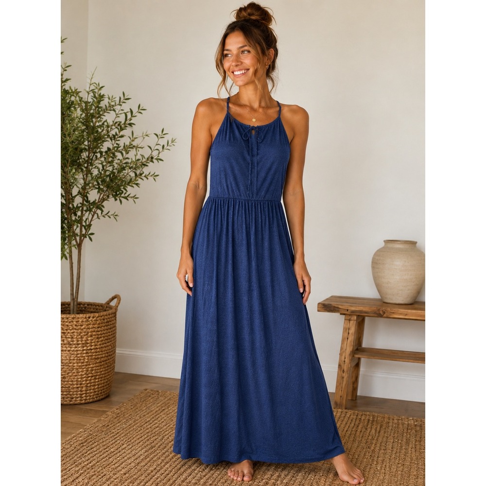 Navy Blue Halter Neck Maxi Dress Sleeveless Keyhole Tie Waist Jersey Knit